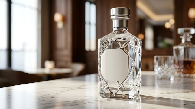 Premium empty crystal spirit bottle with geometric pattern on a white marble bar counter interior