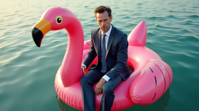 Serious businessman in a suit sitting on a giant pink inflatable flamingo in the ocean.