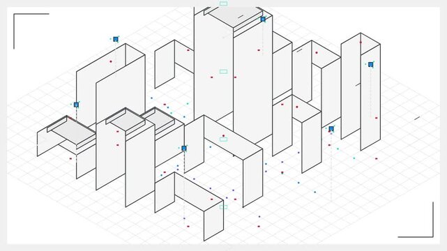 Isometric wireframe city blueprint with technical data points