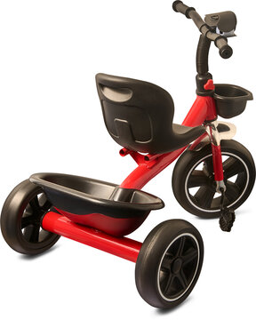 red and black kids tricycle isolated white background, plastic seat and storage basket with rubber wheels, three wheeled ride on toy rear view