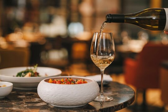 Dining table mockup with salad bowl and wine pour, restaurant branding template for elegant culinary showcase presentation, flat vector illustration