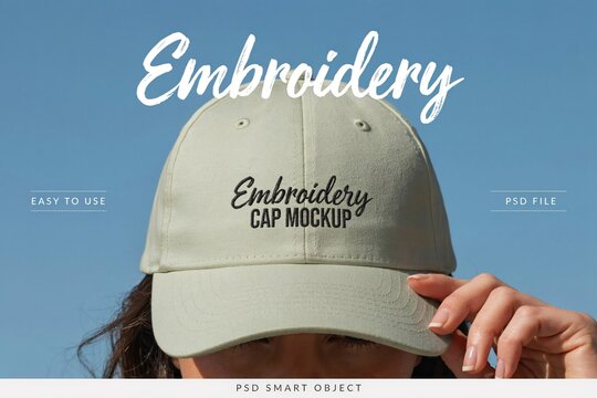 Embroidery cap mockup with sky background, PSD smart object template, easy to use design showcase for branding presentation, flat vector illustration