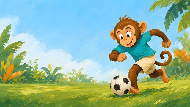 sports football animal illustration of happy monkey dribbling soccer ball in tropical field

