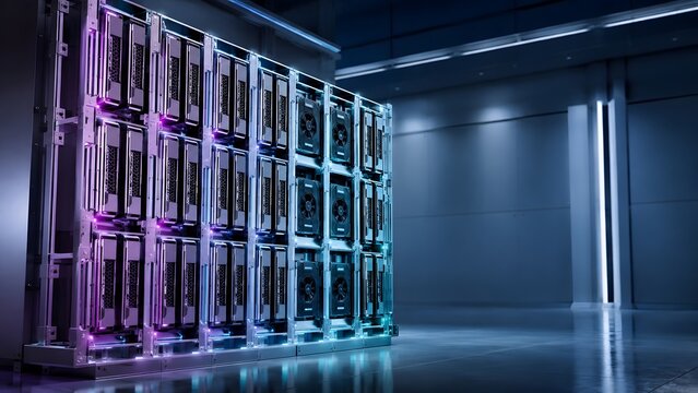 Rows of powerful processing units and graphics cards in a glowing modern data center for blockchain technology and cryptocurrency mining operations.