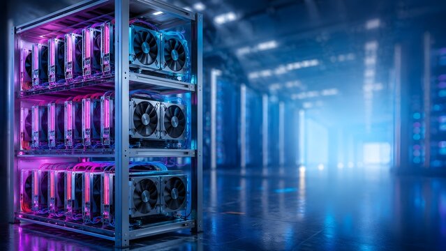 High tech server room with illuminated racks of computer hardware and cooling fans for cryptocurrency mining and advanced cloud computing.
