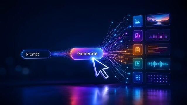 Generative artificial intelligence concept showing a prompt input box transforming into multimedia outputs like image video and text via a glowing click button.