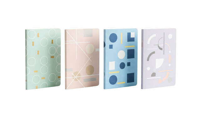 Four colorful notebooks with geometric patterns isolated on white isolated on transparent background