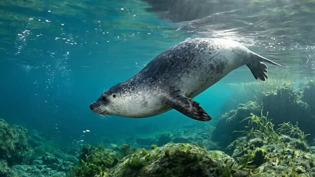 Harbor Seal Swimming Underwater in Ocean Environment