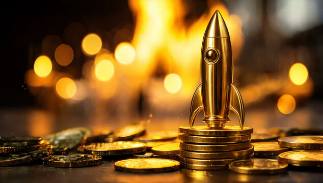 Golden rocket launch concept on coins with warm glowing bokeh light background