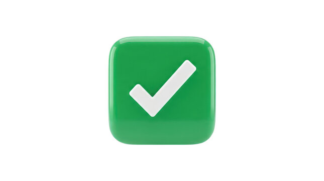 Green square button with white check mark icon isolated on transparent background