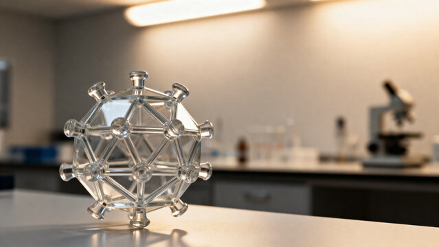 icosahedron. Geometric virus capsid model on minimal laboratory bench, scientific yet warm and accessible concept. STEM education sheets.