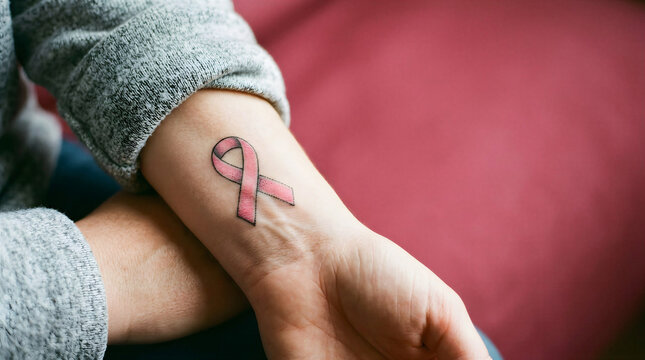 Person displaying pink ribbon tattoo on wrist with casual attire  