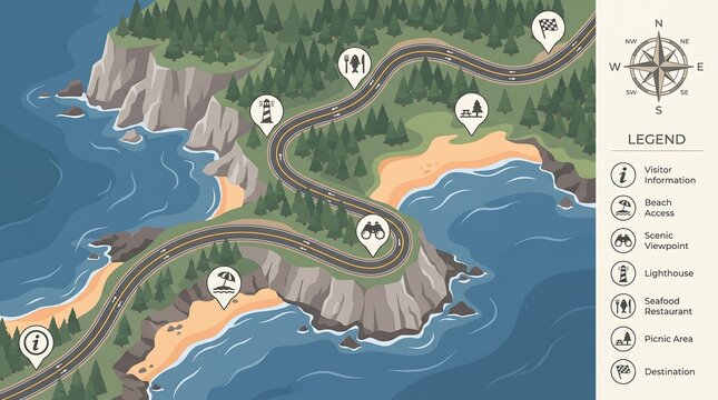 Scenic coastal route map illustrating various points of interest along a winding road with icons for visitor information, beach access, and scenic viewpoints.