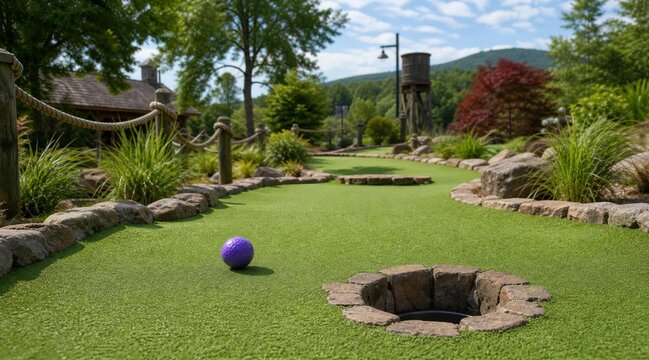 A miniature golf course green with a purple ball near a hole.