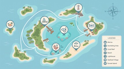 Naklejka premium A vibrant, illustrated map of a tropical archipelago showcasing various islands with distinct attractions like beaches, lighthouses, and snorkeling areas, connected by a tourist route.