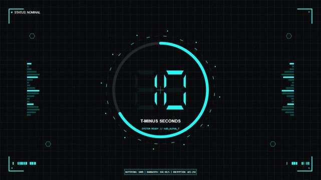 Futuristic digital countdown timer on a dark heads up display