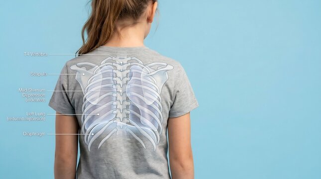 Medical diagram of thoracic anatomy and ribcage overlaid on the back of a person for health education