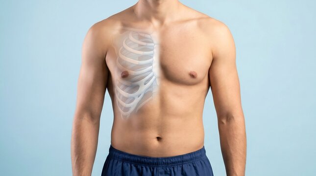 Medical illustration of a man's torso showing a translucent rib cage overlay for anatomical study and healthcare concepts