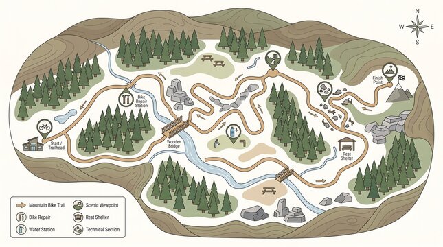 A detailed map illustrating a mountain bike trail network with various points of interest, including repair stations, viewpoints.