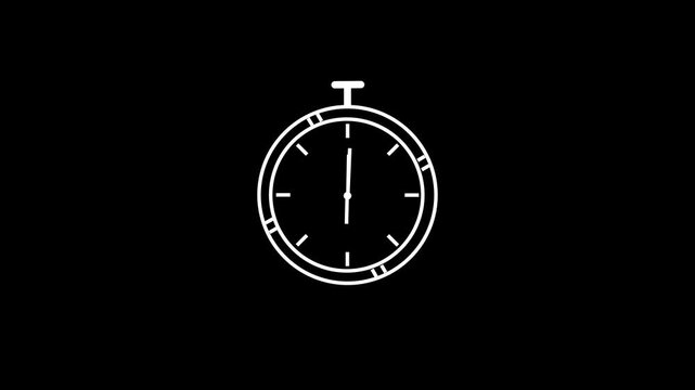 Minimalist stopwatch animation, rotating clock hands on black background, for time management concepts