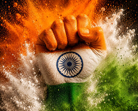 patriotic raised fist painted with indian tricolor and ashoka chakra surrounded by colorful powder explosion