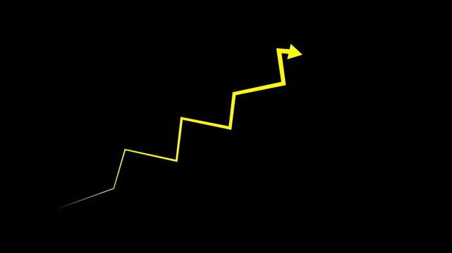 Animated yellow zigzag growth arrow chart on black background, for business success, and financial progress