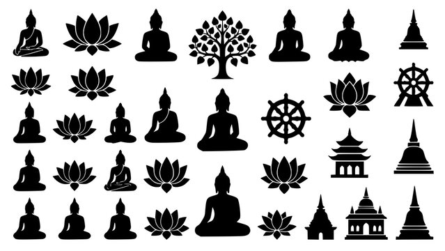 Set of black silhouettes featuring buddha figures lotus flowers bodhi trees and traditional buddhist temple architecture