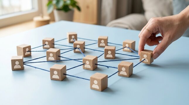 A hand connects wooden blocks with human icons using blue strings, illustrating the concept of business networking, social connections, and team building on a light blue table.