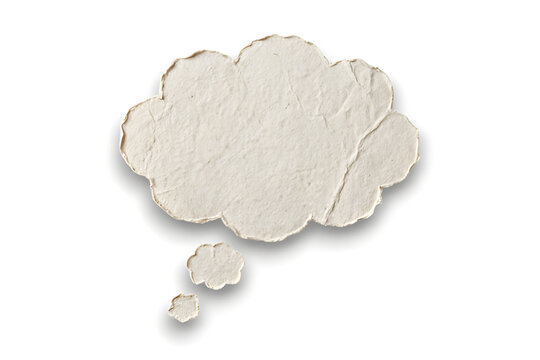 Crumpled paper thought bubble on white background, textured parchment speech balloon with soft shadow, recycled paper cloud for creative messaging