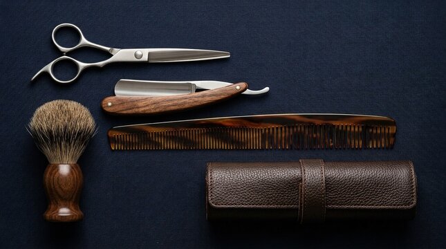 Grooming essentials for men, including a straight razor, shaving brush, comb, and scissors, neatly arranged on a dark background.