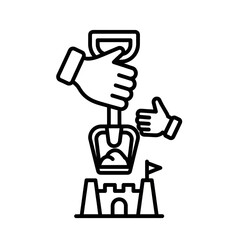 Line art illustration of a hand building a sandcastle with a shovel and thumbs up