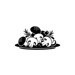 Fototapeta premium Minimalist black and white mushroom dish graphic on a plate with fresh herb garnishes for organic cooking concepts