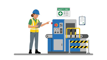 Fototapeta premium Female worker inspects industrial machine with safety sign, isolated