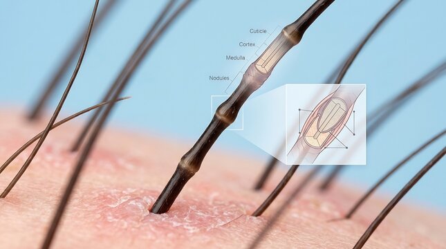 Microscopic 3D render of human hair shaft anatomy showing internal layers like cuticle cortex and medulla on skin background