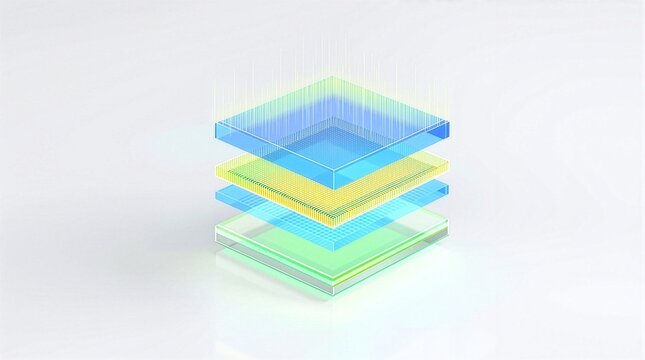 Isometric 16:9 3D render diagram showing exploded layered structure of perovskite solar cell