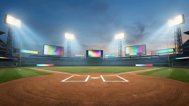 Baseball stadium with digital billboards and floodlights.