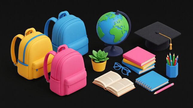 3D school supplies collection with colorful backpacks and globe, isometric education icons set, back to school stationery on black background