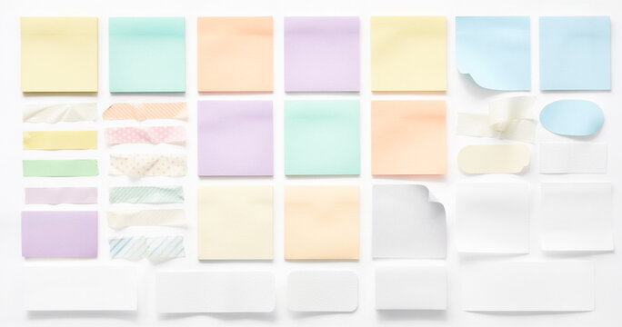 Pastel sticky notes and masking tape set on white background 優しいパステルカラーの付箋とテープのセット
