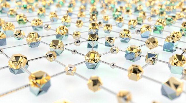Macro 16:9 3D render of perovskite solar crystal lattice structure with golden and emerald nodes