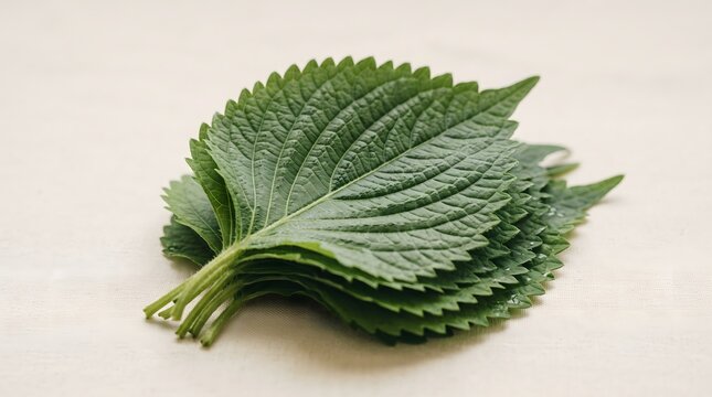 Fresh green shiso leaves featuring a detailed vein texture and serrated edges on a light background for Japanese cuisine and culinary garnis
