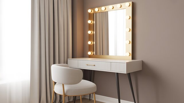 Modern vanity desk with light bulbs mirror in bedroom