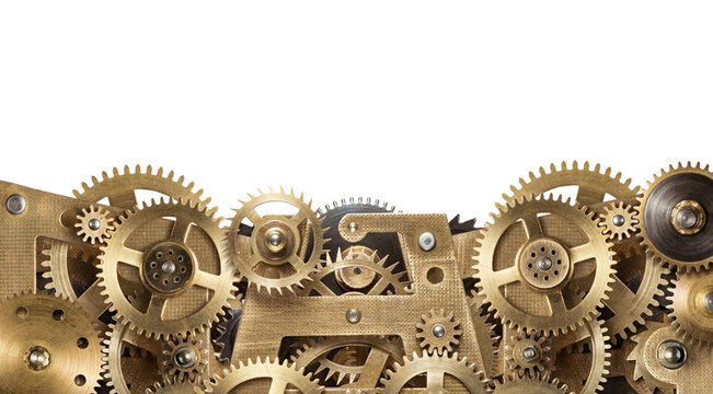 Golden Mechanical Gears and Cogs Background, Industrial Engineering, Precision Machinery and Teamwork Concept, JPG Photo