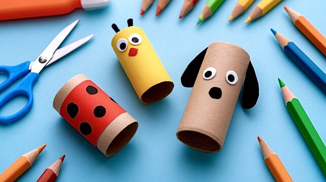 Children doing creative arts and crafts with toilet paper rolls