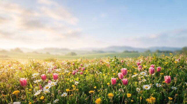Colorful Spring Wildflower Meadow under Soft Blue Sky with Golden Sunlight, Pink Yellow White Flowers, Summer Countryside Landscape, Earth Day Nature Background, Scenic Field and Peaceful Rural Panora