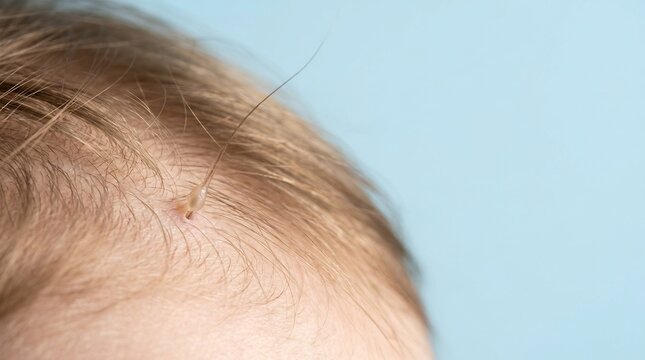 Extreme close-up of a single hair strand with root being lifted from a scalp, hair loss concept