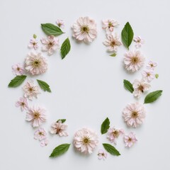 Naklejka premium Delicate pink spring blossoms and green leaves arranged in floral circle with white copy space