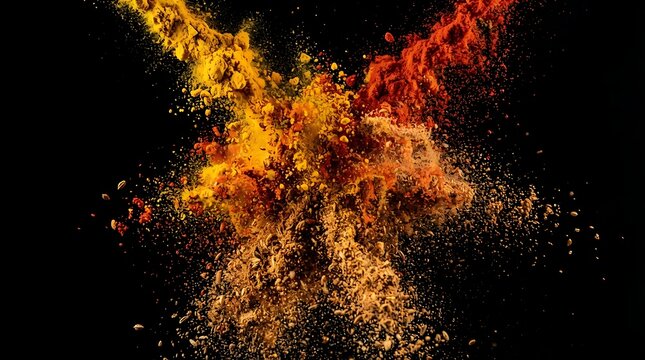 Dynamic explosion of vibrant yellow orange spices against black background with captures dynamic burst floating air against ingredient seasoning