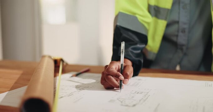 Hands, engineer and writing on document for construction, blueprint and sketch for architecture. Person, drawing and draft at site with paperwork, floor plan and layout structure for building upgrade