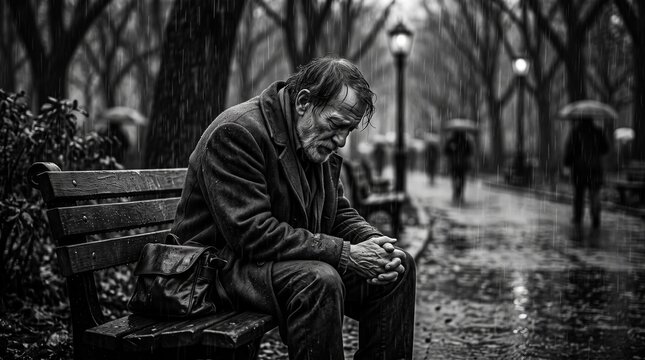 Melancholy homeless man sitting on park bench in rain, lonely senior man experiencing poverty and depression, dramatic black and white street photography