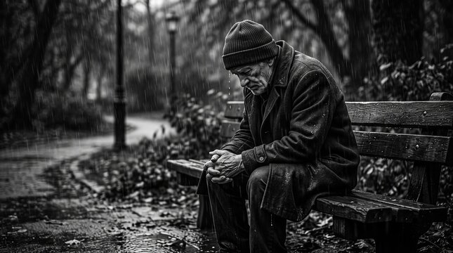 Melancholy elderly man sitting on park bench, lonely senior person in black and white, homeless man in winter coat feeling sad and isolated